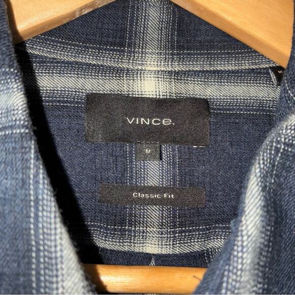VINCE Navy Plaid Classic Fit Button Down Long Sleeve preppy cotton rayon Size M - Picture 6 of 14